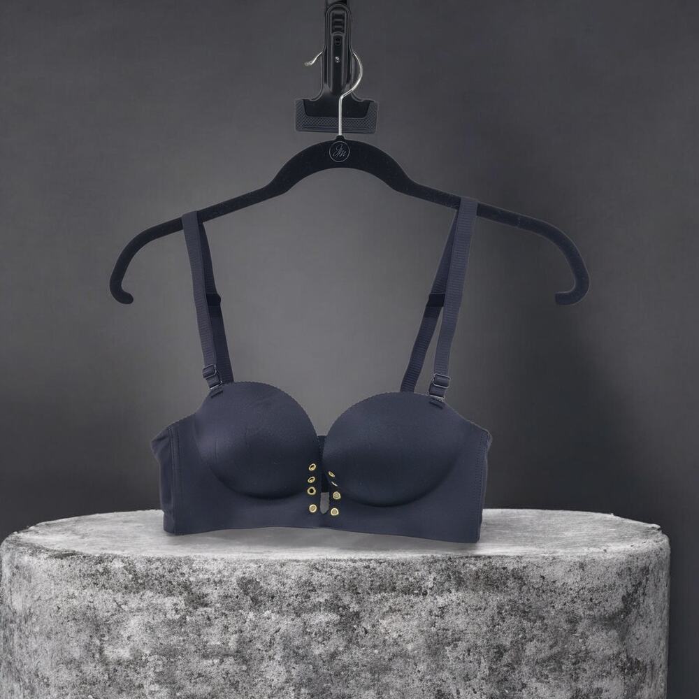 FallSweet Black Balconette Bra Lace Up Front Size 32B Push Up Padded Smooth READ